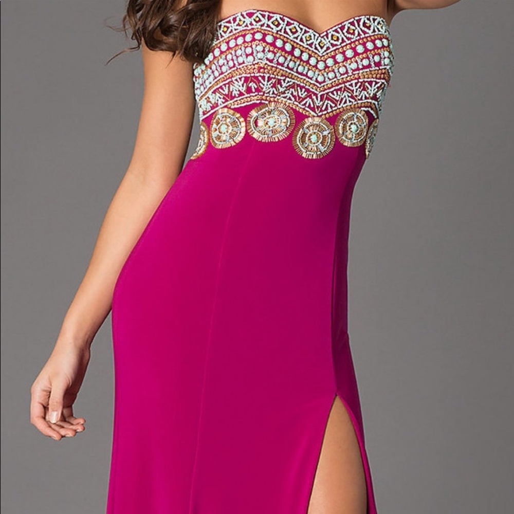 Rachel Allan Fuchsia and Gold Embellished Prom Dress